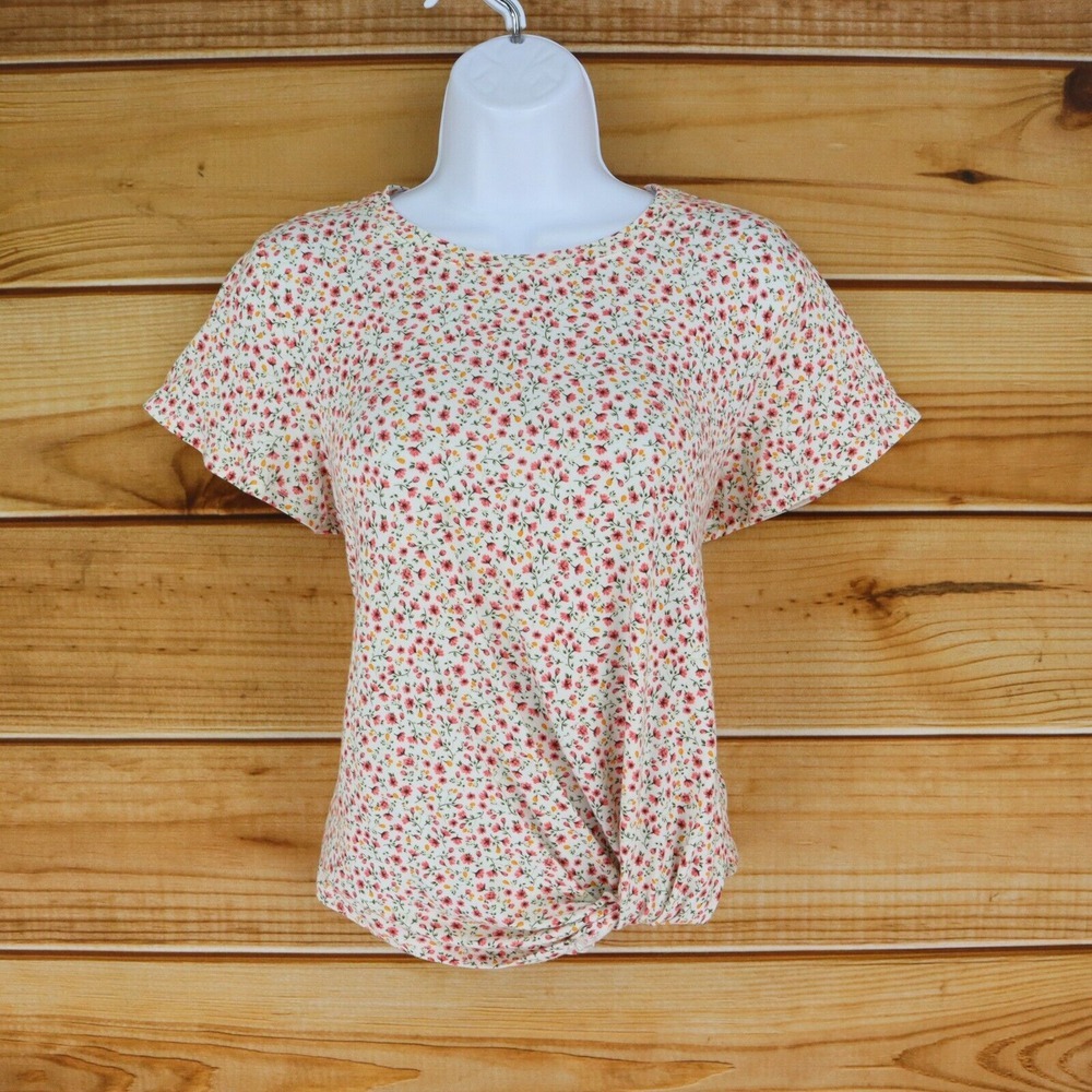 SO Top Lace Accent Womens M Multicolor Floral Stretch Fabric Short Sleeve Ruched
